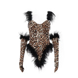 Kukombo Furry Feather Trim Leopard Bodysuit With Gloves Club Outfits For Women Tops Rave Festival Clothing