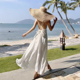 Kukombo 2022 Spring Summer Sexy Backless Waist Bow French Long White Suspender Dress V Neck Beach Style Satin Dress Vacation Style Dress