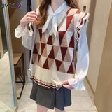 Kukombo Sweater Vests Women Preppy Clothes Design Loose College Girls Sleeveless Knitting V-Neck Vintage Simple Kawaii Sweater Clothes
