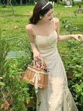 Kukombo Summer Fairy Strap Vintage Dresses Women 2022 Sexy Sweet Elegant Midi Dress Holiday Gentle Backless High Waist Casual Dress New