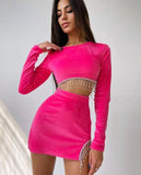 Kukombo 2023 Women Fashion Tassel Dress Two Piece Set Sexy Club Long Sleeve Tops And High Waisted Mini Skirt Suit Winter Outfits