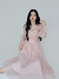 Kukombo Elegant Evening Party Midi Dress Women Bubble Sleeve French Vintage Sweet Dress Female Pink Korean Style Fairy Dress Autumn