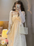 Kukombo Sweet Elegant Fairy Straps Dress Women Summer Vintage Party Midi Dresses Female Korean Fashion Bow Beach Backless Dress 2022 New