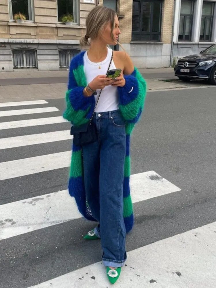 Kukombo Chic Contrast Color Fur Knit Long Coat Women Long Sleeve Thicken Warm Cardigan Jacket Winter Fashion Female Street Outwears