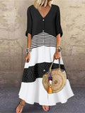 Kukombo Summer New Women's Skirt Fashion Temperament V-Neck Short Sleeve Printed Stripe Polka Dot Stitching Long Button Casual Dress