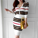 Graduation Gift Big Sale  New Autumn 2 Piece Suit Ladies Winter Knitting Striped Korea Long Sleeve V Neck Tops and Mini Skirt Sexy Set for Women Clothing