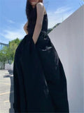 Kukombo Black Long Tank Dress Women Spring Summer O Neck Floor-length Office Lady Casual Pockets Dresses 2023 New Female Clothing