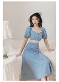 Kukombo French Puff Sleeve Court Style Cream Blue Princess Dress Women Summer Short Sleeve Fairy Dresses Retro Ladies Elegant Midi Dress