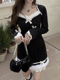 Kukombo Kawaii Lolita Dress Women Winter Bow Black Japanese Party Mini Dresses Ladies Korean Fashion Dress Christmas Clothing 2022 New