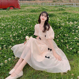 Kukombo Hstar French Square Neck Puff Sleeve Dress Women Mesh Bow Loose Long Summer New Purple Dresses Female Traf Платье Женское Robe