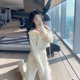 Kukombo Sets Women Joggers Casual Hoodies Beige Fashion New Hooded Korean Style Loose Crop Top Two Pieces Outfits Drawstring All-Match