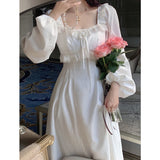 Kukombo Vintage Elegant Fairy Princess White Lace Dress Woman French Retro Square Collar Designer Slim Dress 2022 Autumn Clothes