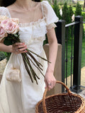Kukombo  French Elegant Dress Vintage Women Casual Even Party Midi Dress Office Lady Sweet Fairy Korean Dress 2022 Summer Short Sleeve