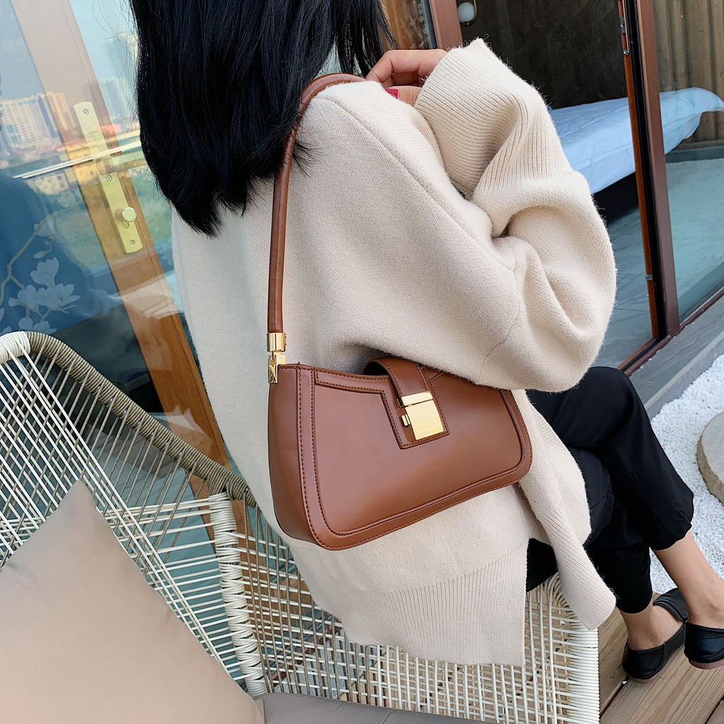 Kukombo 2023 Solid Color PU Leather Shoulder Bags For Women Hit Lock Handbags Small Travel Hand Bag Lady Fashion Bags