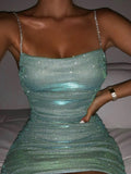 Kukombo Glitter Dress Women Diamond Strap Ruched Mini Dress Bodycon Summer Club Party Dresses Sexy Backless Night Dress Female