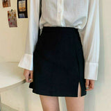 Kukombo  2022 Korean Version Of The Black Split Skirt Loose High Waist Thin Student Solid Bag Hip A-line Short Skirt Casual Preppy Style