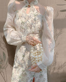 Kukombo Vintage Elegant Cheongsam Dress Women Floral Embroidery Design Party Fairy Dress Female Spring Court Retro Long Split Dress