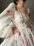 Kukombo Midi Print Dress Summer 2023 New Women Elegent Fashion French Retro Princess Fancy Party Prom Clothes Female Vestidos