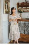 Kukombo Women's Summer Short Sleeve Floral Dress Square Neck Lace Sweet Retro Chiffon Midi Dress Elegant Ladies Dress High Waist Cutout