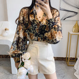 Kukombo Women's Spring Summer New Loose Floral Blouse Women's Sunscreen Turndown Collar Chiffon Clothing Korean Long-Sleeved Shirts