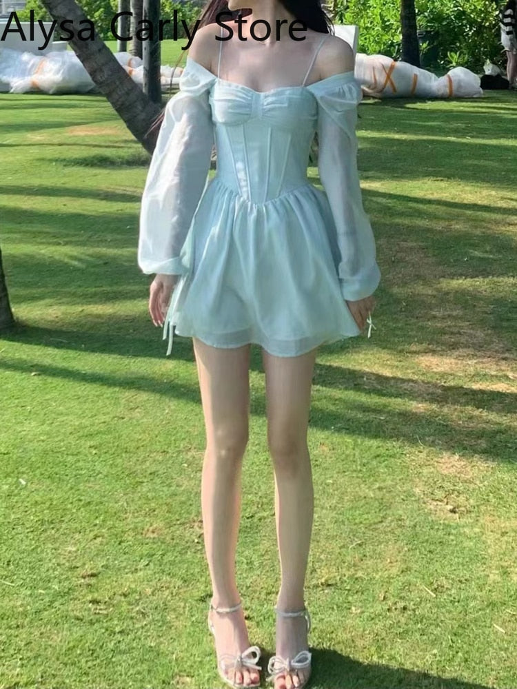 Kukombo Casual Korean Sweet Dress Women Summer 2022  Elegant Fairy Party  Mini Dress Female Long Sleeve Backless Sexy Kawaii Beach Dress