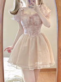 Kukombo Summer New Sweet Lace Floral Kawaii Princess Dress 2023 Japanese Cute Girl Thin Waist Mini A-line Birthday Party Evening Dress