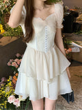 Kukombo  Vintage Elegant Mini Dress Women Short Sleeve Lace Fairy Party Dress Evening Beach Style Black One Piece Dress Korea 2022 Summer