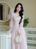 Kukombo Elegant Evening Party Midi Dress Women Bubble Sleeve French Vintage Sweet Dress Female Pink Korean Style Fairy Dress Autumn
