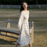 Kukombo 2022 Spring Summer Fashion Sweet Korean Style Chiffon Floral Dress Long Sleeve Square Collar Dress Elegant Casual A-Line Dress