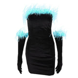 Kukombo Furry Faux Fur Trim Off Shoulder Bodycon Dress With Gloves Sexy Outfits For Party Women Black Mini Dresses N33-DZ18