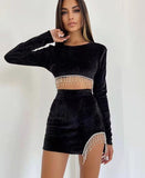 Kukombo 2023 Women Fashion Tassel Dress Two Piece Set Sexy Club Long Sleeve Tops And High Waisted Mini Skirt Suit Winter Outfits