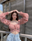 Kukombo Fashion Floral Chiffon Women's Shirt Sweet Square Neck Puff Sleeve Crop Tops Lace Up Long Sleeve Blouse Woman
