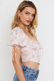 Kukombo Summer Women Pink Shirt Ladies Ruffles Puff Sleeves Back Zipper Print Slim With Belt Vintage Vocation Short Crop Shirt