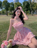 Kukombo  Casual Floral Sexy Dress Women 2023 Summer Pink Sleeveless Patchwork Mini Dresses Female Elegant Party Holiday Slim Korean Dress