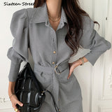 Kukombo Chic Elegant Dress For Woman Puff Sleeve Turn-Down Maxi Vestidos Clothes Spring Single-Breasted Street Chic Dress Woman Autumn