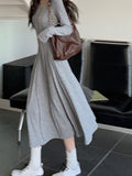 Kukombo Elegant One Piece Dress Korean Fashion Autumn Basic Long Sleeve Casual Midi Dress Pure Color Even Party Dress Female Chic