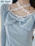 Kukombo Lace Kawaii Lolita Sweet Dress Women Bow Japanese Casual Party Mini Dress Female Sexy Blue Princess Korean Style Dress 2022 New