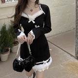 Kukombo Kawaii Lolita Dress Women Winter Bow Black Japanese Party Mini Dresses Ladies Korean Fashion Dress Christmas Clothing 2022 New