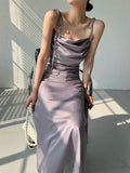 Kukombo Summer New Fashion Women's Clothing Temperament Gentle Solid Color One Word Tie Belt A-Line Skirt Suspenders Long Women's Dress
