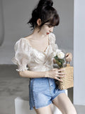 Kukombo New French Polka Dot Chiffon Shirts Women Square Neck Puff Sleeve Blouse Summer Bow Bangage Crop Tops Woman