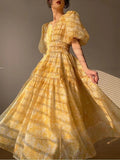 Kukombo Vintage Print Dress For Women 2023 Summer New French Elegant Evening Party Long Dress Retro Female Bubble Sleeved Clothes