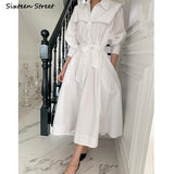 Kukombo 2022 White Elegant Shirts Dress Woman With Belt Rivet Maxi Vestido Women Clothing Vintage Single-Breasted OL Work Dresses Female