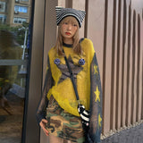 Kukombo Y2k 2000S Oversize Cute Sweaters For Women Streetwear Yellow Stars Knit Long Sleeve Tops 2022 Autumn Clothes P95-DZ18