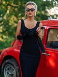Kukombo Midi Bandage Dress for Women 2023 Sexy Black Party Dresses Spaghetti Strap Elegant Backless Evening Birthday Club Outfits Summer