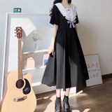 Kukombo JK Black Short Sleeve Dress Women Korean Loose Bow Sailor Collar Maxi Long Dresses Female Summer New Preppy Style