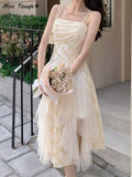 Kukombo Summer Lace Floral Sweet Midi Dress Women Korean Pearls Ruched Split Fairy Dress Female Irregular Hem Lace Mesh Cute Dress 2023