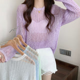 Kukombo Fashion Loose See Through Sweater Women Summer New Long Sleeve Hollow Knitted Tops Multicolor