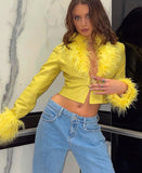 Kukombo Yellow Y2K Female Patchwork Long Sleeve Faux Fur Turn Down Collar Short Leather Jacket Vintage Winter Coat Women Clothes
