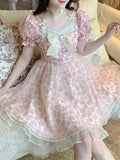 Kukombo Lace Lolita Print Dress Women French Y2K Patchwork Sweet Party Mini Dresses Female Pink Bow Summer Floral Kawaii Dress 2022 New K107