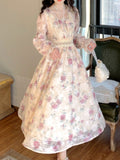 Kukombo Sashes Chiffon Sweet Dress Women Print Korean Fashion Floral Dress Female Flare Sleeve Patchwork Party Retro Dress Women